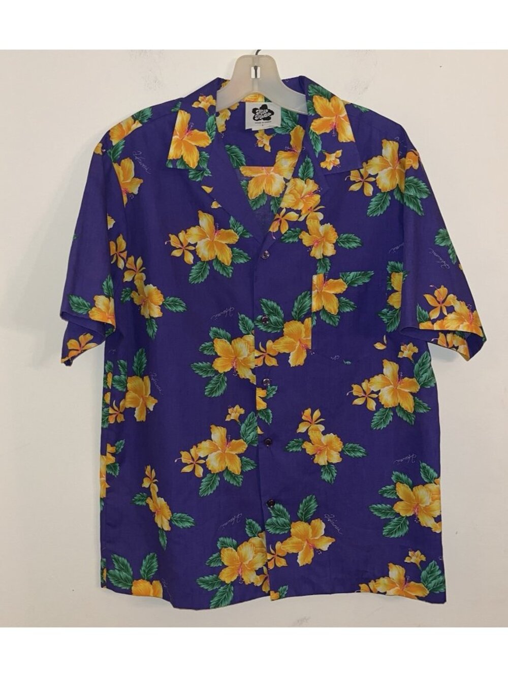 VTG Hilo Hattie Shirt Purple Hawaiian Yellow Hibiscus Floral Mens Size Large